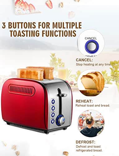 Toaster 2 Slice Stainless Steel JEWJIO Retro Red Toaster with 1.5" Extra Wide Slot for Christmas